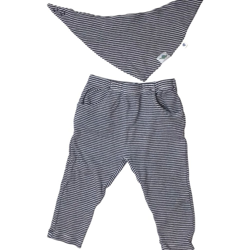 Mon Caramel Cotton Pants and Bib Stripped Print Blue and White 9 Months